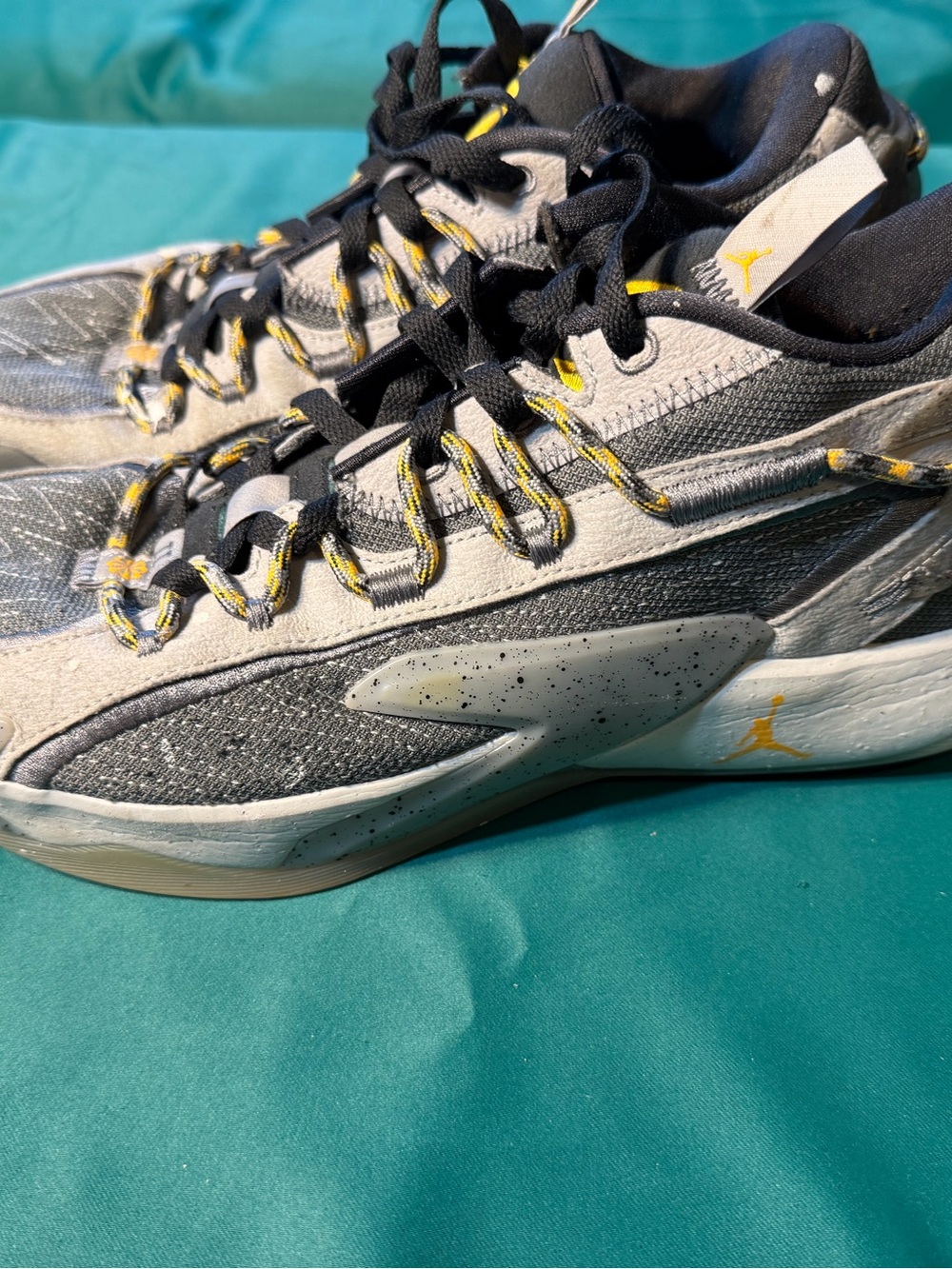 Jordan Men's Black and Gray Sneakers with Yellow Accents